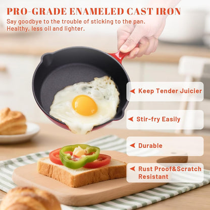 Enameled Cast Iron Skillet 10Inch with Pour Spouts for Searing Baking Grilling and Roasting,10" Frying Pan Cookware with Silicone Handel Cover,Durable Oven Safe Pan,Stove Campfire Use(Red)6