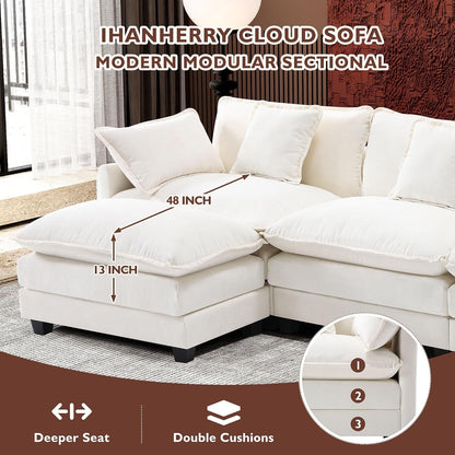 111.4" L Shaped Modern Sofa Modular Sectional Cloud Couch with Ottoman, 4-Seat Chenille Deep Seat Sofa with Pillow for Living Room, Bedroom and Apartment, Beige2