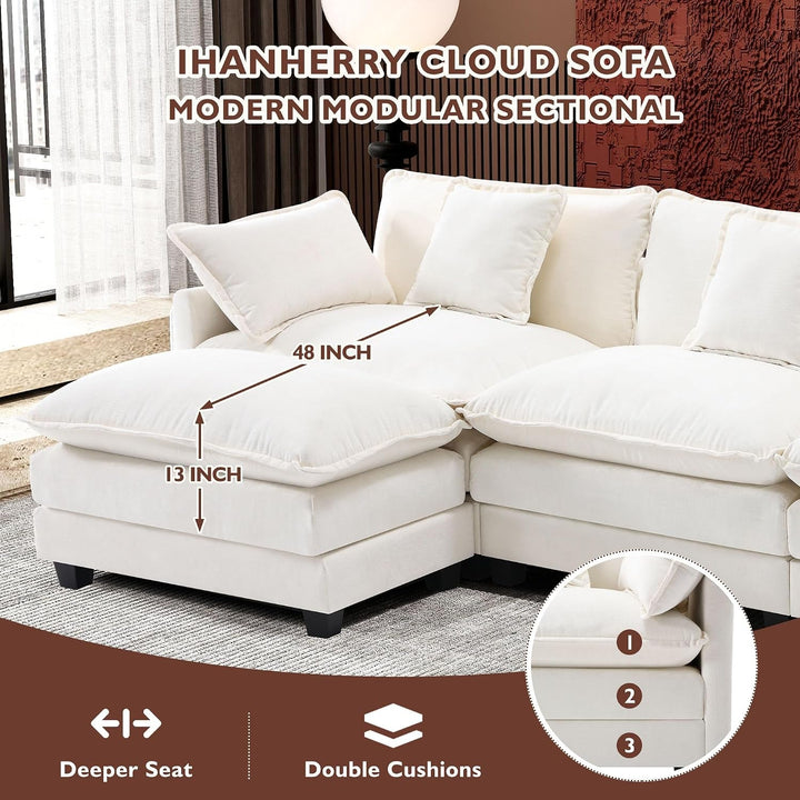 111.4" L Shaped Modern Sofa Modular Sectional Cloud Couch with Ottoman, 4-Seat Chenille Deep Seat Sofa with Pillow for Living Room, Bedroom and Apartment, Beige+2