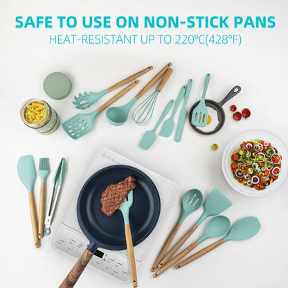 Cooking Utensils Set, 18Pcs Kitchen Silicone Utensils, Heat Resistant Non Toxic & Bpa-Free with Holder & Wooden Handle, Home Essential Accessories, Teal(Turquoise)3
