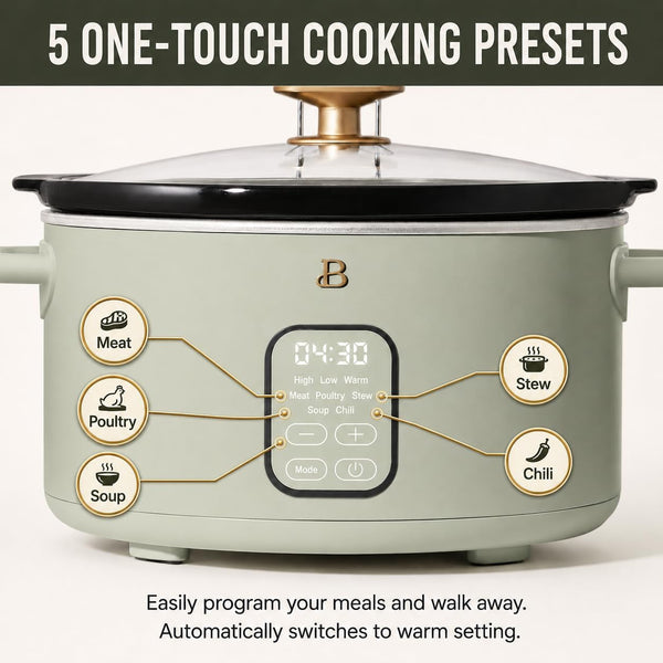 6 Quart Programmable Slow Cooker with 24-Hour Timer & Auto Warm, 5 Presets for Meat Poultry Stew Soup Chili, Dishwasher Safe Ceramic Pot & Glass Lid, Digital Display (Sage Green)3