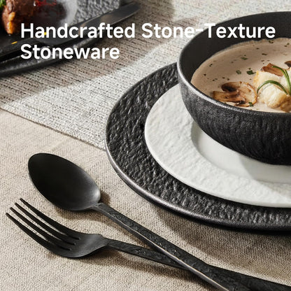 Black Dinnerware Sets, 24-Piece Plates and Bowls Sets, Matte Marble3