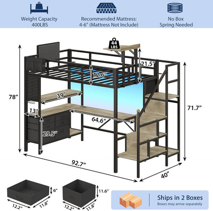 Twin Loft Bed with L-Shaped Gaming Desk, 6 Storage Drawers & Foldable Desk2