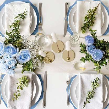Set of 4 Cotton Linen Placemats, 15X15 round Scalloped Cloth Table Mats, Embroidery Machine Washable, Wrinkle Resistance Fabric Place Mats for Wedding Summer Baby Shower Party Table Decor-Blue7