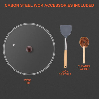 Wok, 13" Carbon Steel Woks & Stir-Fry Pans Nonstick with Glass Lid | Pre-Seasoned Flat Bottom Chinese Wok for Electric, Induction, Gas, All Stoves3