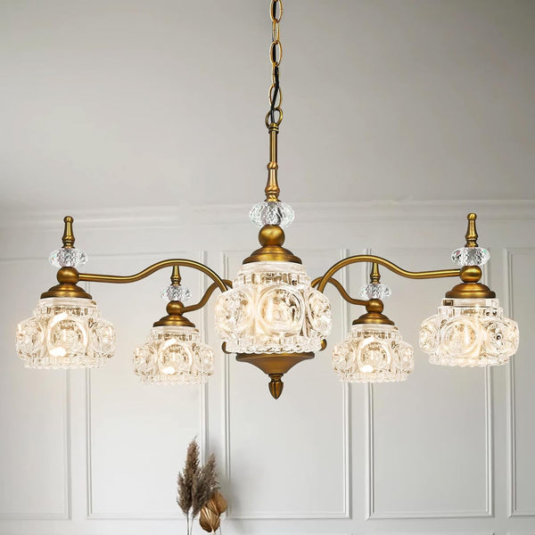 Gold Brass Chandelier, 5 Light Vintage Crystal Glass Pendant Fixture1