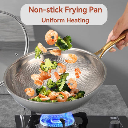 Titanium Hammered Wok Pure with Lid, No Coating Non-Stick Titanium Cookware, Frying Pans, Ultra-Durable, Scratch-Resistant, Even Heating Frying Pans with All Cooktops,13.39In2
