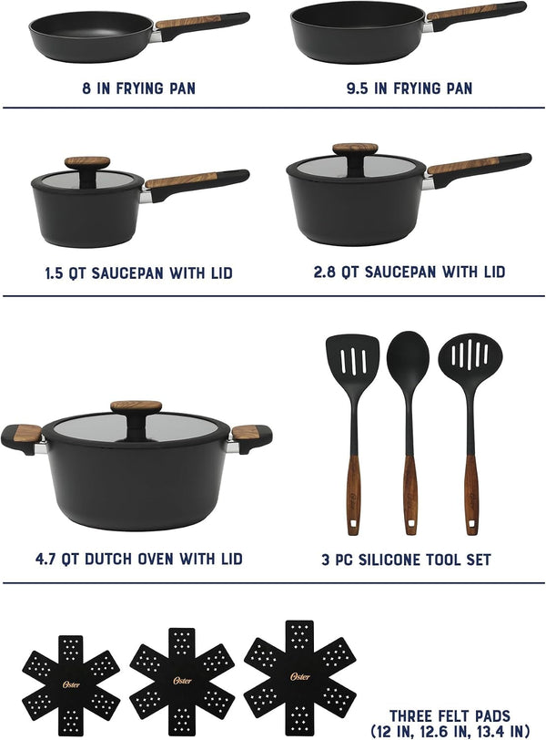Oster Platinum Oxburg 14 Piece Forged Aluminum PFA Free Non-Toxic Premium Ceramic Non Stick Interior Cookware & Kitchen Tools Set - Black W/Wood Handles3
