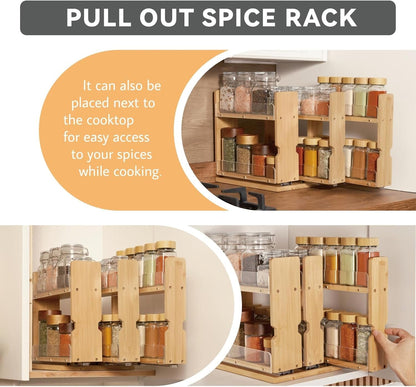 Bamboo Pull Out Spice Rack Organizer for Cabinet, 3 Slide-Out Drawers(2"&3") with Wide Drawer for Large Bottles, Kitchen Pantry Heavy-Duty Sliding Vertical Organization, 8.6"W,2-Tier,Natural4