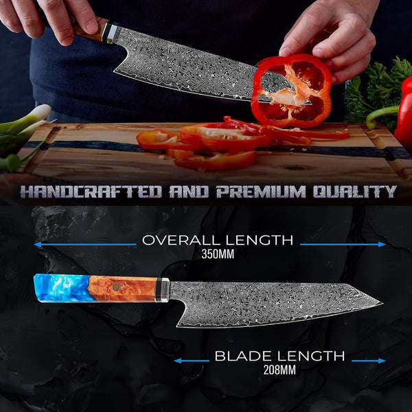 8-Inch Japanese Damascus Chef Knife, 67-Layer Steel, Ultra-Sharp High Carbon Blade with Resin Handle for Precision Chopping and Carving8