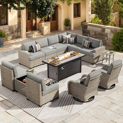 Outdoor Sectional Patio Furniture Set with Fire Pit Table,13 Pieces Wicker Conversation Sets L Shaped Couch,Extra Deep Out Door Sofa outside Furniture with Swivel Chairs,Charcoal Gray1