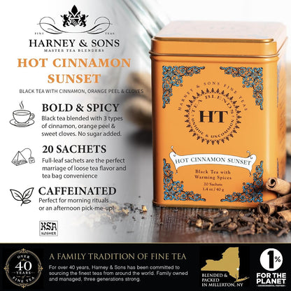Harney and Sons Caffeinated Hot Cinnamon Sunset Black Tea with Orange and Cloves Tin 20 Sachets, Black Tea with Warming Spices (Pack of 1) | Black Tea, Three Cinnamons, Orange Peel & Cloves, Naturally Sweet, Caffeinated2