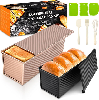 Pullman Loaf Pan with Lid, 2 Pack 2.2 LB & 1 LB Dough Capacity, Non-Stick Carbon Steel Bread Pan for Sandwich Bread and Sourdough Loaves, Square Toast Mold with Baking Tools, Gift-Ready Packaging1