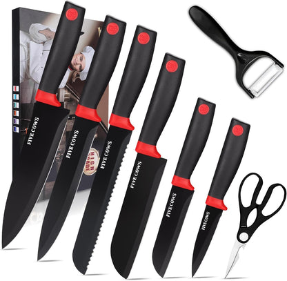 8-Piece Chef Knife Set - Ultra Sharp Premium German High Carbon Stainless Steel, Razor-Sharp & Durable, Lightweight Anti-Slip Handle, Professional Kitchen Knives with Gift Box (Red 8 Piece)1