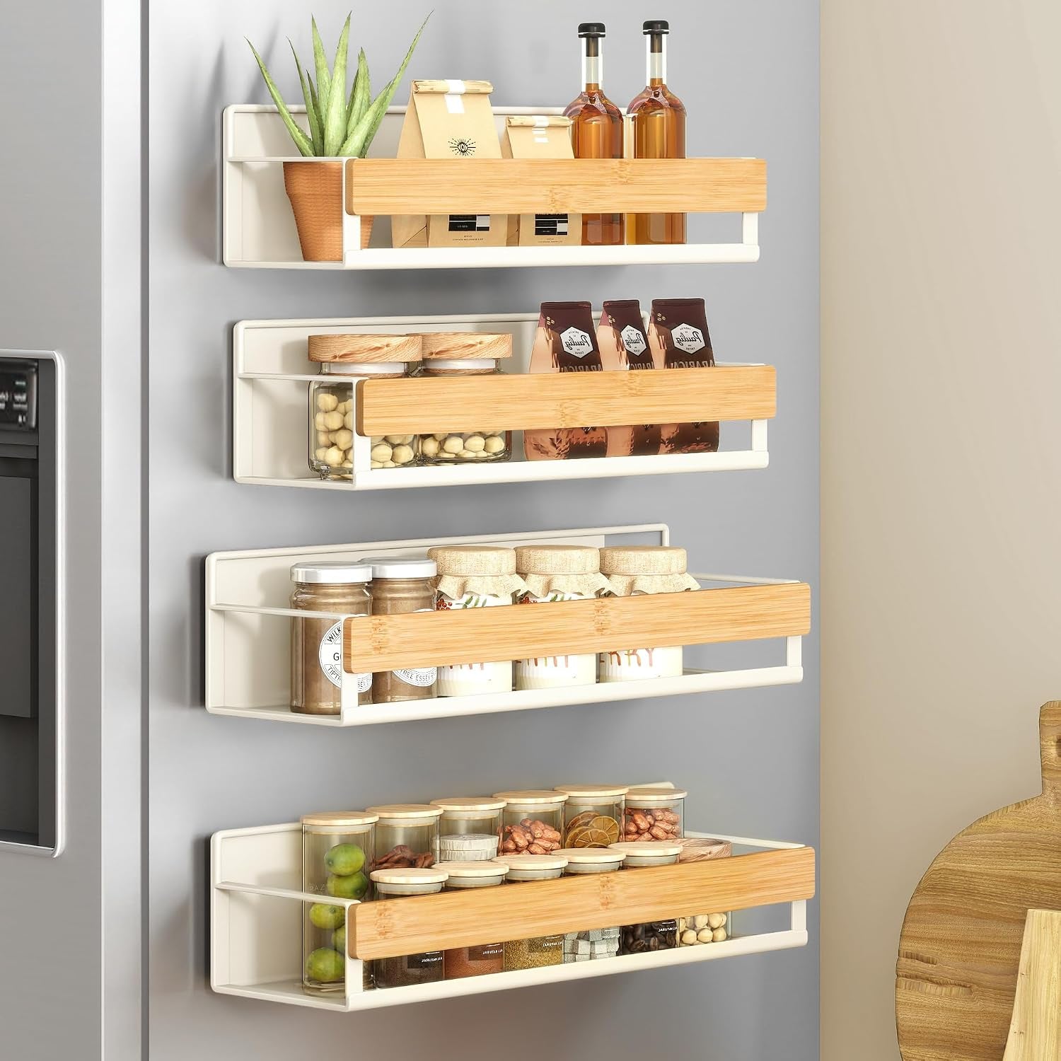 songmics-4-pack-strong-magnetic-real-bamboo-spice-racks-for-fridge