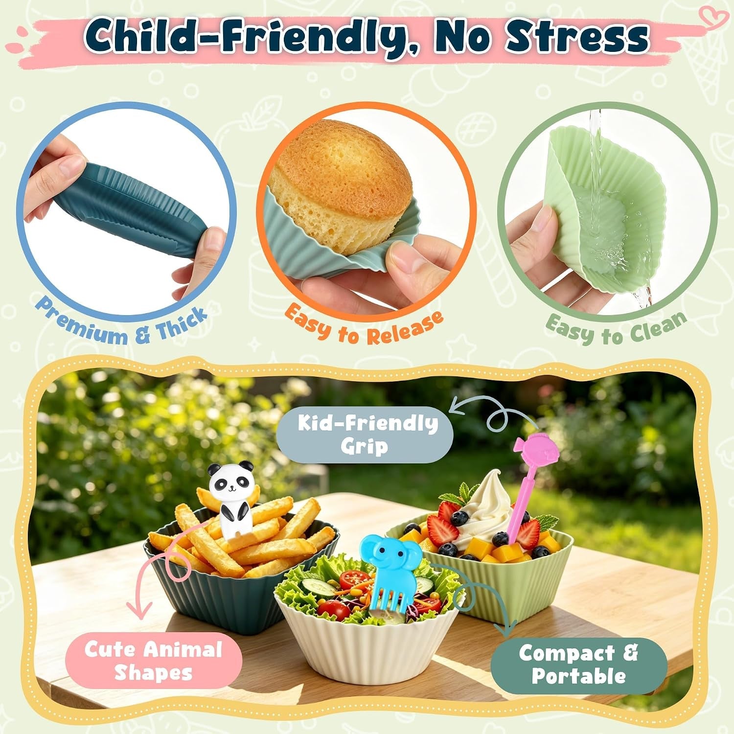 66pcs-silicone-lunch-box-dividers-cute-animal-food-picks-for-kids-20-reusable-silicone-cupcake-liners-muffin-baking-cups-46-fruit-toothpicks-school-lunchbox-bento-box-accessories-supplies