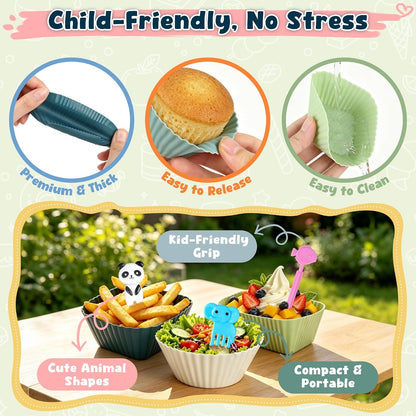 66PCS Silicone Lunch Box Dividers & Cute Animal Food Picks for Kids | 20 Reusable Silicone Cupcake Liners, Muffin Baking Cups, 46 Fruit Toothpicks, School Lunchbox Bento Box Accessories Supplies5