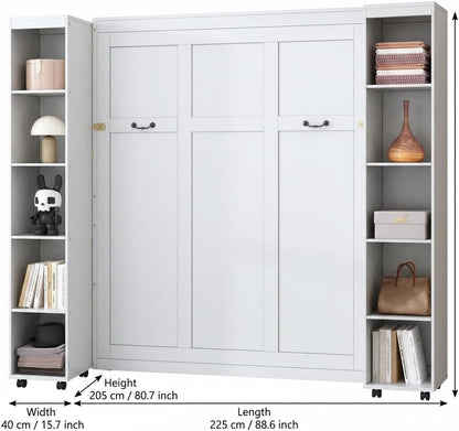 Queen Murphy Bed with 3 Doors Wardrobe Closet, Wood Wall Bed for Guest Room and Home Office, White Folding Lifting Bed W3