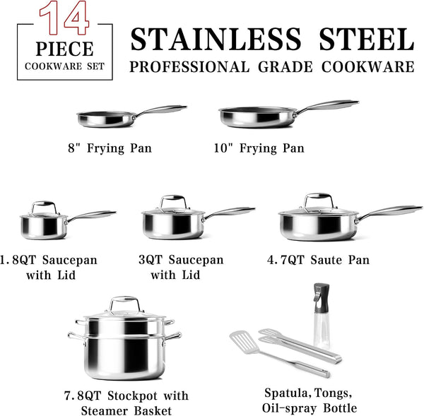 Hybrid Tri-Ply Stainless Steel Cookware Set Oven Safe | Pots and Pans Set Non Stick with Steamer Basket, Non Toxic Induction Cookware, Kitchen Cookware Sets PFOA & PTFE Free2