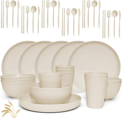 Wheat Straw Dinnerware Sets - 42 Piece Unbreakable Dinnerware Sets for 6, Kitchen Plates and Bowls Set, Lightweight Camping Plates Cups and Bowls Set.Dishwasher Microwave Safe Dinnerware1