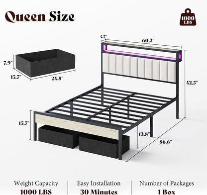 Queen Bed Frame with LED Lights & 2-Tier Storage Headboard2