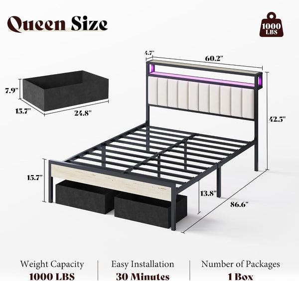 Queen Bed Frame with LED Lights & 2-Tier Storage Headboard2