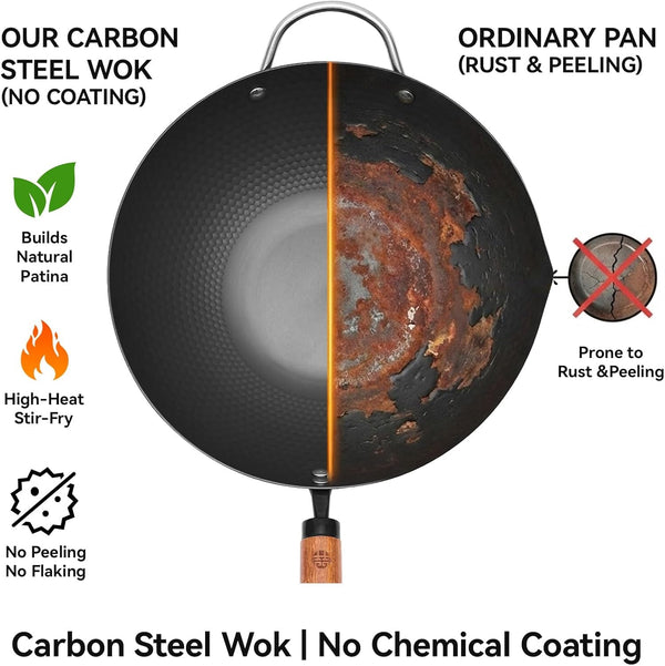Carbon Steel Wok Pan, 12.6 Inch Flat Bottom Stir Fry Pan with Lid, Uncoated Heavy Duty Iron Wok for Induction and Gas Stoves3