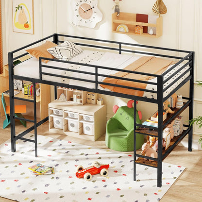 Low Loft Bed Twin Size, Heavy Duty Metal Frame W/Storage Shelves, Ladder & Full-Length Guardrails, Ample Under-Bed Space, Kids Loft Bed with Stairs for Boys Girls Junior, No Box Spring Needed9