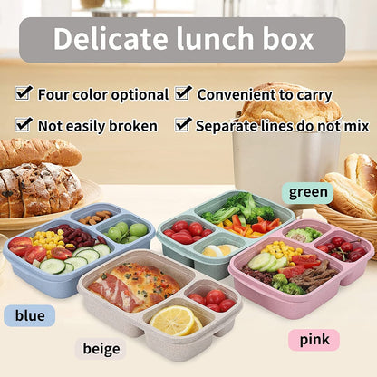4 Pack Bento Lunch Box Set 3 Compartment Food Storage Containers Wheat Straw Meal Prep Lunch Box Plastic Food Storage Containers, Microwave and Dishwasher Safe (Light Colour)4