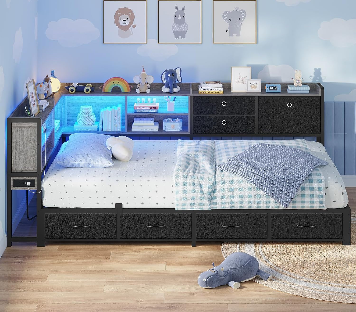 corner-bed-frame-with-charging-station-led-lights-black-gray