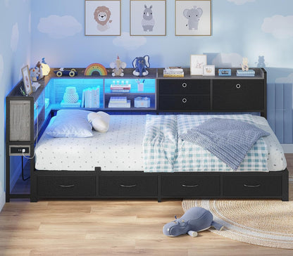 Corner Bed Frame with Charging Station & Led Lights, Black & Gray7