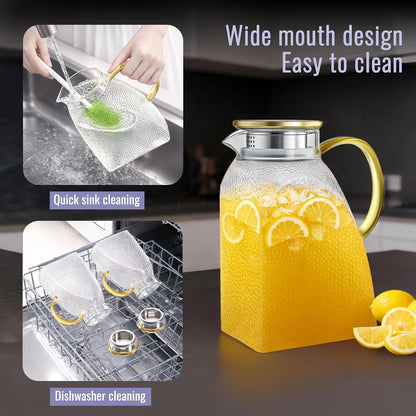 Glass Pitcher with Lid and Spout, 1.8 Liter 60 Oz Glass Pitchers with Handle and Lid, Jug Water Pitchers for Fridge, Carafe Jar for Hot/Cold Water Iced Tea Juice Coffee Milk Beverage7