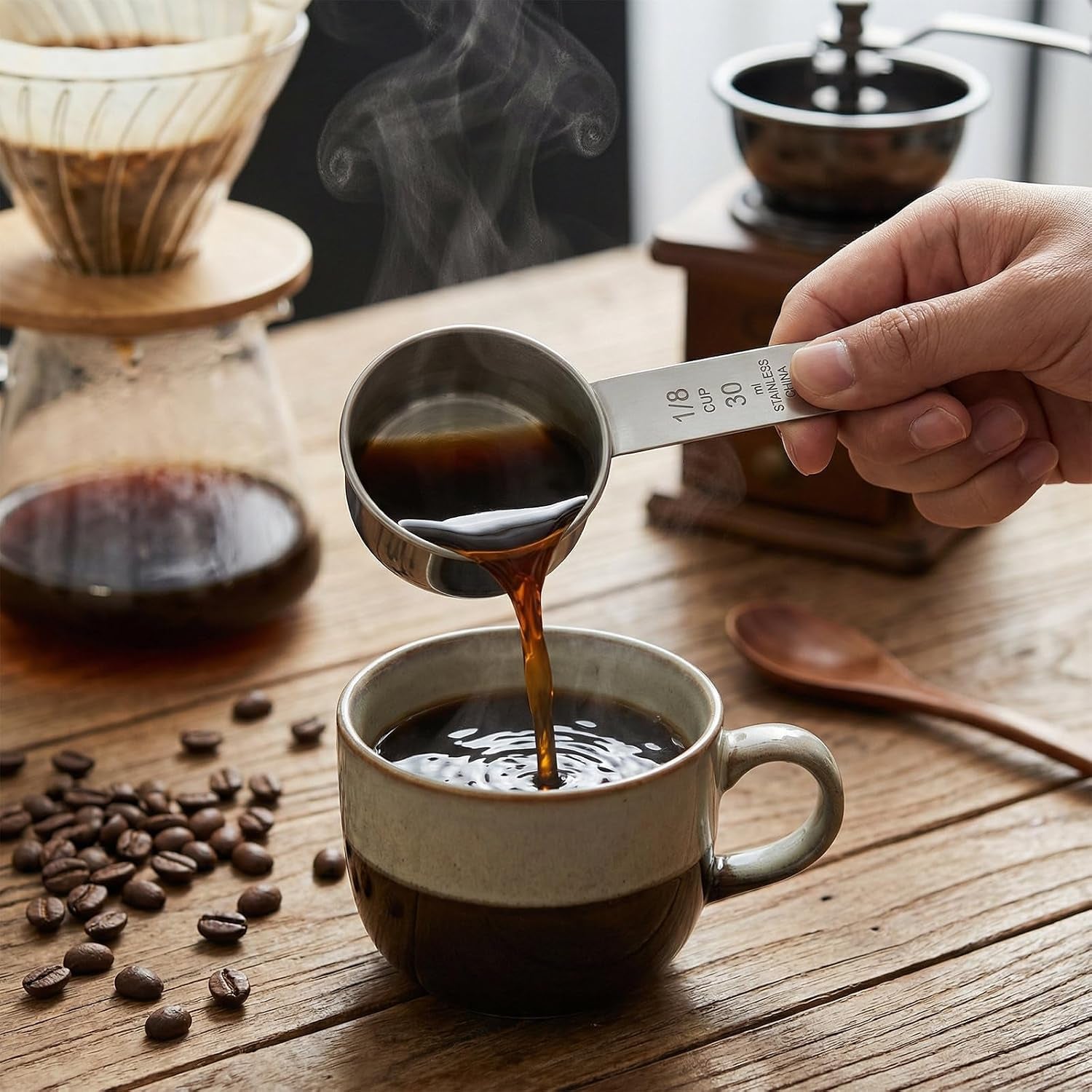1-8-cup-stainless-steel-measuring-cup-30-ml-cooking-measure-scoop-1-oz-measure-cup-tablespoon-with-handle-for-dry-and-wet-food-metal-coffee-scoop-for-cooking-drinking-baking