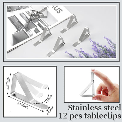 12 Pack Tablecloth Clips- Picnic Table Cloth Clips- Stainless Steel Table Cloth Cover Clamps- Table Clips for Restaurant Picnics Marquees Weddings Graduation Party- Fits up to 1.7” Thick Tables2