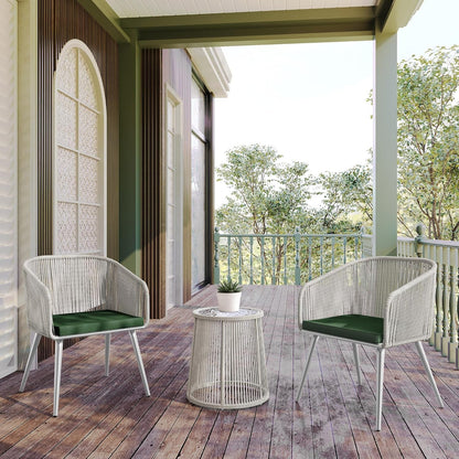 Breezeway Patio Furniture Set, 3-Piece outside Bistro Set Handwoven Rattan Wicker Chairs with Waterproof Cushions, Tempered Glass Table, Outdoor Conversation Set, Ivory White & Jungle Green1