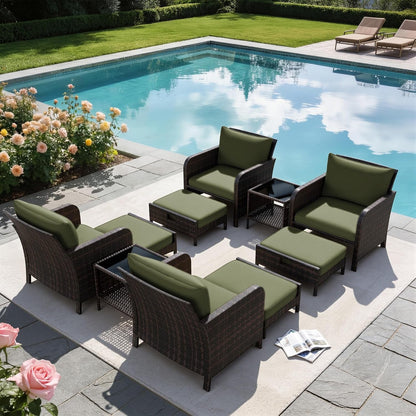Patio Conversation Set 5 Piece, Balcony Furniture Outdoor PE Rattan Wicker Lounge Chairs with Soft Cushions, 2 Ottomans & Glass Table for Porch Lawn, Brown (Army Green Cushions9