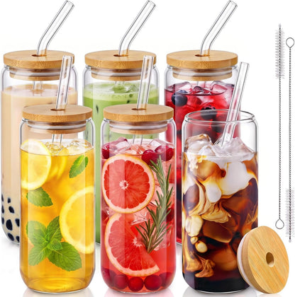 20 Oz Drinking Glasses - 6 Pcs Glass Cups with Bamboo Lids and Straws | Food-Grade Durable Clear Tumbler, Coffee Bar Accessories, Aesthetic Gift, for Beer, Iced Tea, Include 2 Cleaning Brushes1