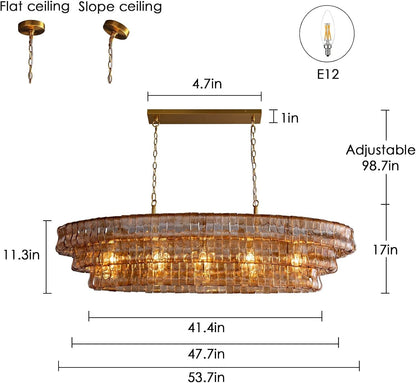 54" Smoked Gold Rectangular Drum Large Chandeliers for Dining Room, 5-Light Modern round Hanging Light Fixture for Kitchen Island, Living Room, Foyer4