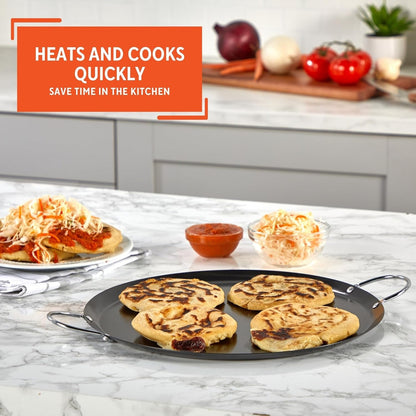13.5In Carbon Steel Nonstick round Comal with Metal Handles, Black | Chrome Riveted Handles, Great for Tortillas, Essential Kitchen Tool5