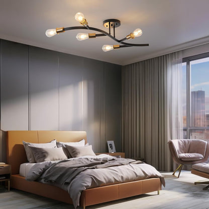 Modern Sputnik Semi Flush Mount Ceiling Light Fixture Black and Gold,5-Lights Mid Century Sputnik Chandelier for Dining Room,Kitchen,Hallway,Laundry Room,Bedroom(Bulbs Not Included)3