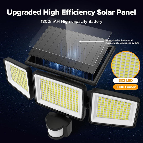 Solar Outdoor Lights 302 LED 3000LM, IP65 Waterproof Motion Sensor Outdoor Lights, 3 Heads Solar Security Flood Lights 270 Wide Lighting Angle with 3 Modes for Garden Patio Yard - 2 Pack3
