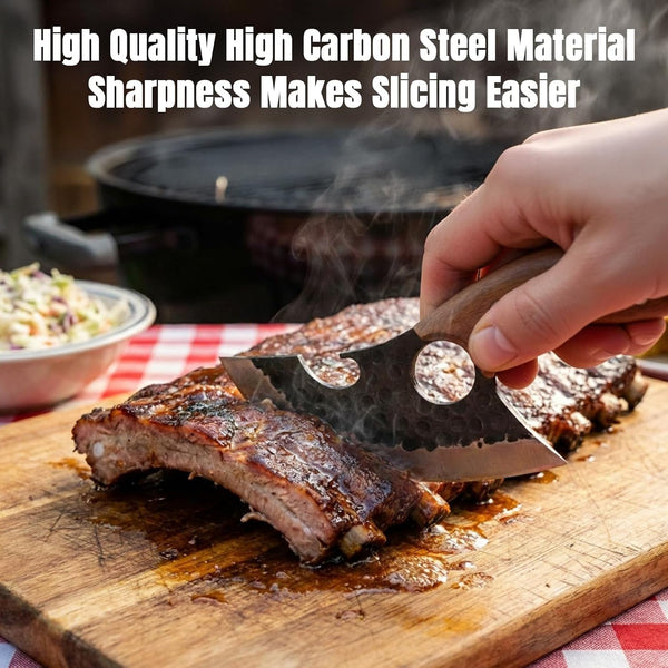 2PCS Hand Forged Viking Boning Knife Set, High Carbon Steel Ulu Knife with Sheath, Viking-Style Cleaver & Pizza Cutter for Meat, Kitchen Knives for Meat Trimming, BBQ, Camping, Fish Filleting2