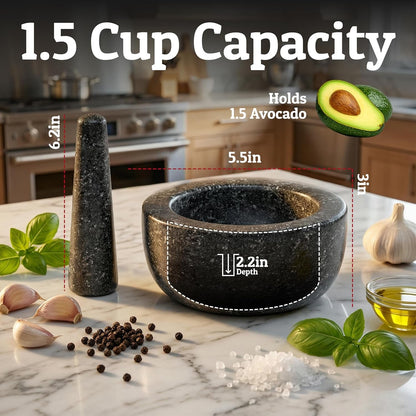 Heavy Duty Large 1.5 Cup Mortar and Pestle Set, 100% Natural Granite, 5.5 Inch Diameter Bowl, 6.2 Inch Pestle, Non-Slip Base, Stone Grinder for Guacamole Salsa Pesto Herbs Spices, Black3