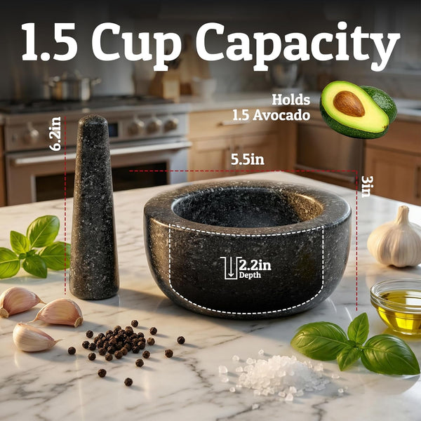Heavy Duty Large 1.5 Cup Mortar and Pestle Set, 100% Natural Granite, 5.5 Inch Diameter Bowl, 6.2 Inch Pestle, Non-Slip Base, Stone Grinder for Guacamole Salsa Pesto Herbs Spices, Black3