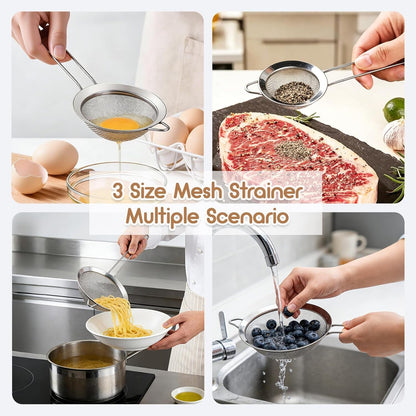 Fine Mesh Strainer Set of 3, Stainless Steel Sieve Sifters with Handle, Medium Small Mini Size, Kitchen Strainers Colander Set for Sifting, Straining & Cooking(2.2"/3.9"/5.5")4