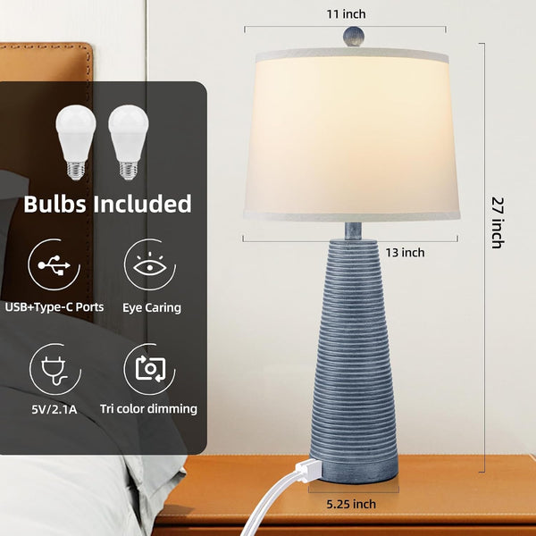Nightstand Lamp Bedside Lamps Set of 2 Vintage Rustic Farmhouse Table Lamp 3 Way Dimmable Horizontal Stripe Light,Suitable for Living Room Bedroom,With Linen Shade LED Bulb,Usb A+C Port7