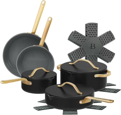 Pans 12Pc Ceramic Non-Stick Cookware Set by Drew Barrymore, Pots & Pans with Lids, Dishwasher‑Safe,Soft‑Touch Handles, Even‑Heat Base. (Black Seaseme)1