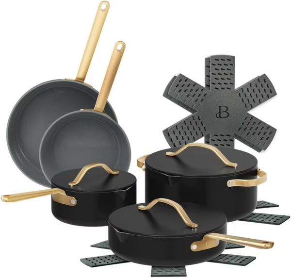 Pans 12Pc Ceramic Non-Stick Cookware Set by Drew Barrymore, Pots & Pans with Lids, Dishwasher‑Safe,Soft‑Touch Handles, Even‑Heat Base. (Black Seaseme)1