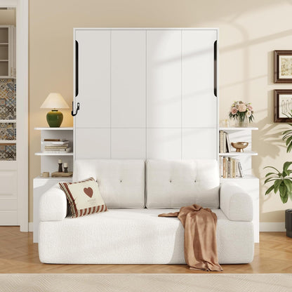 Wall Murphy Bed with Sofa and Storage Cabinets, Space-Saving Wall Bed for Home Office & Guest Room, Full Size, White1