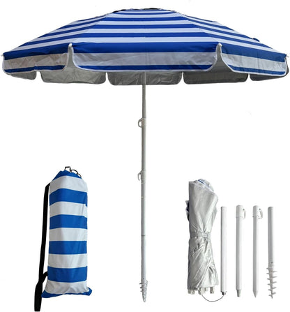 6Ft Beach Umbrella - Heavy Duty Wind Resistant UV 50+ Portable Sun Shade with Sand Anchor & Carry Bag, Outdoor Folding Umbrella for Beach, Pool, Patio, Garden (Blue Strip) No Tilt the Sand Needs to Exceed the Spiral 6Inch1